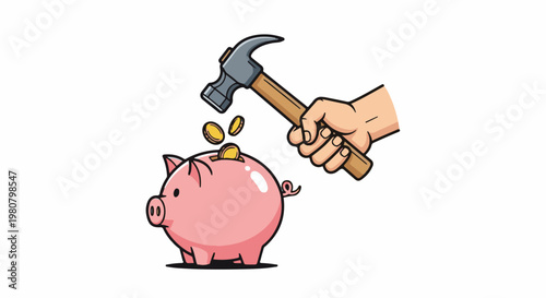A hand holds a hammer above a pink piggy bank as coins fall out