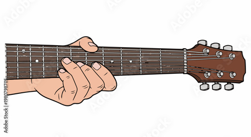 A hand plays a guitar neck, with strings and frets visible on the wooden instrument