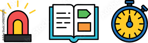 Icon set of alarm clock book and stopwatch on white background