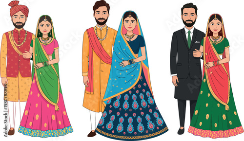 Indian couples in traditional clothing and formal wear standing together smiling