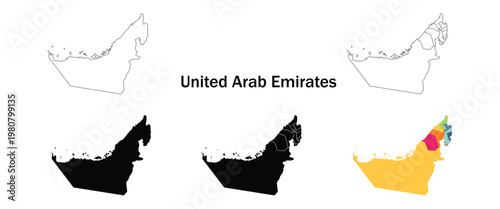 United Arab Emirates Map Set – UAE Regions Colored and Black Silhouette Vector Illustration