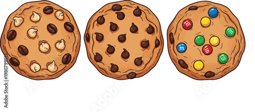 Chocolate chip cookies set with nuts and colorful candy toppings vector illustration for bakery dessert menu and sweet snack design