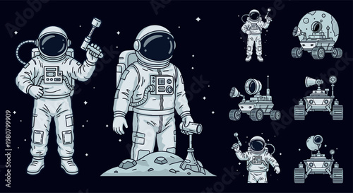 Space Exploration Illustration Set with Astronauts, Rovers, and Space Tools for Adventure, Science, and Technology Designs