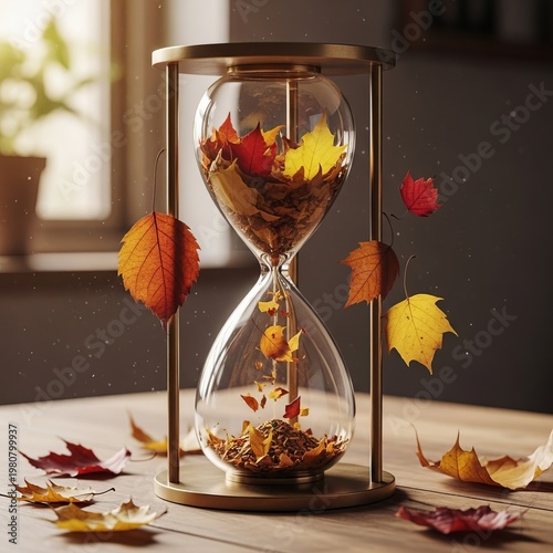 Hourglass with Leaves Dried leaves falling through the hourglass
