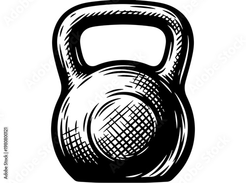 Woodcut style vector illustration of a kettlebell with handle and textured ball, ideal for fitness and sports designs, black and white graphic element.