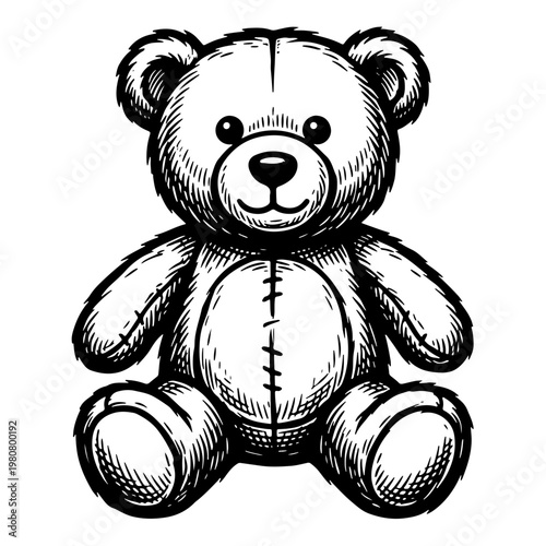 A charming black and white woodcut-style vector illustration of a cute teddy bear with a sweet expression, sitting upright on a plain background, showcasing intricate line work and shading.