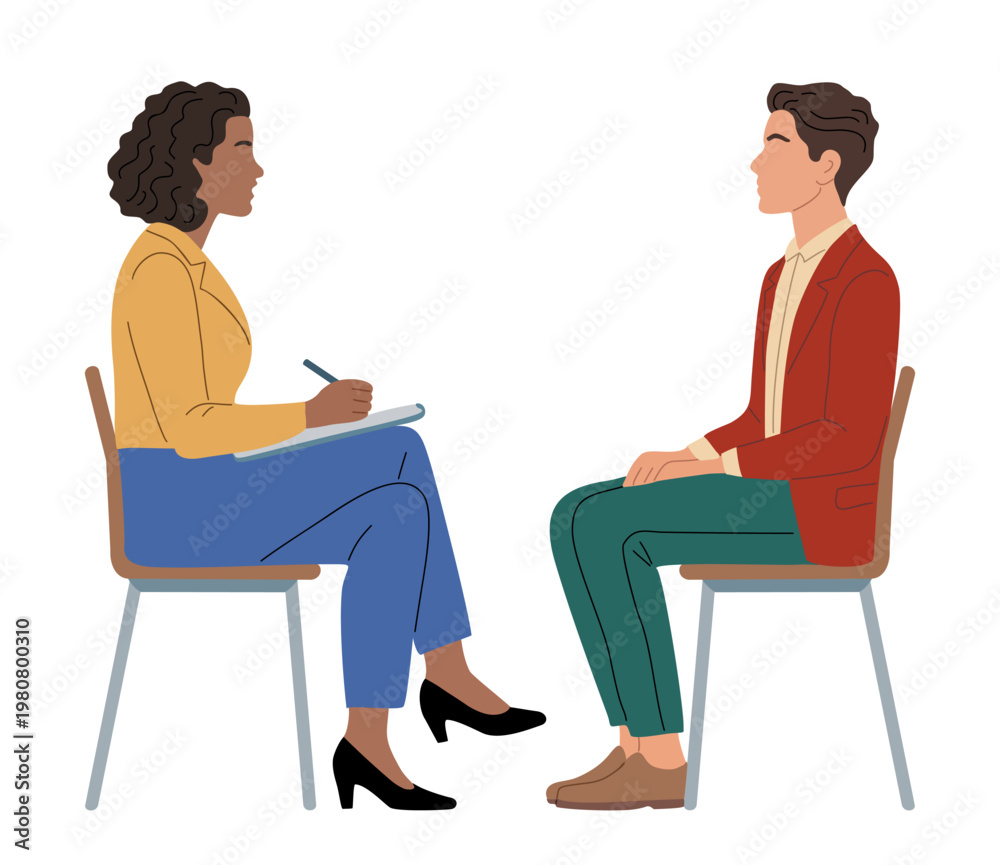 Obraz premium Job interview business scene. Woman sits, jotting notes, attentive to interviewee. Man sits calmly, facing her, poised for conversation. Both dressed professionally, in a clean, simple setting.