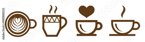 flat lay coffee set with heart foam latte art and steaming cup minimalist design