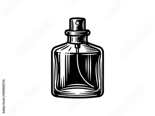 Woodcut style vector illustration of a perfume bottle with a spray nozzle on a white background, reminiscent of traditional woodblock printing techniques.