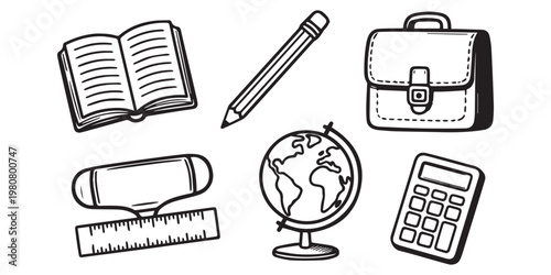 Hand Drawn School Supplies and Globe on White Background