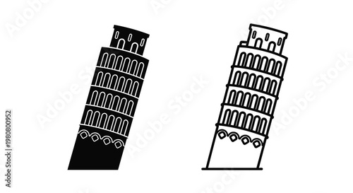 Two simplified black and white illustrations of the leaning tower of pisa