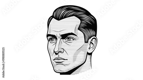 Hand-drawn portrait sketch of a man's face featuring stylized horizontal lines and hatching for a unique artistic look.