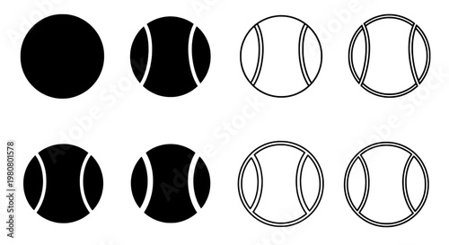 Tennis balls set with black and white designs and outlines featuring sports, collection, ball with design and vector elements for outline, sport