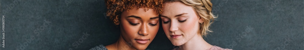 Fototapeta premium Two diverse young women leaning heads together with eyes closed peaceful friendship moment emotional connection calm mood natural intimacy copy space