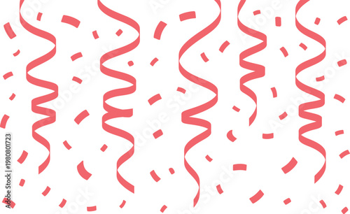 Red curly ribbons and confetti on white background for celebration decoration