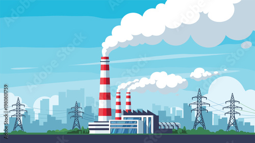Flat vector illustration of a industrial power plant with cooling towers and electrical transmission lines.