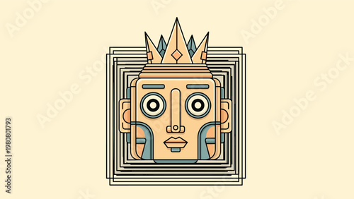 Decorative illustration of a crowned face mask inside nested square frames using a muted gold and teal color scheme.