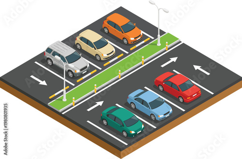 Isometric parking lot vector illustration, architectural site plan with cars, traffic lanes, and street lighting