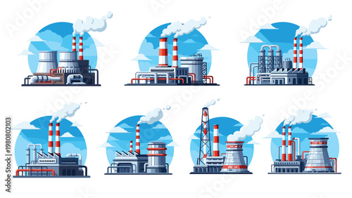 Collection of various industrial factory buildings and power plants with smoking chimneys isolated on a white background.