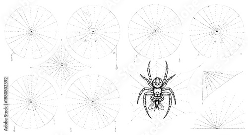 Spider doodle with detailed mandibles and legs, surrounded by light sketch radial diagrams for science and insect study