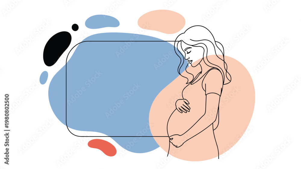 Obraz premium Artistic line drawing of a pregnant woman silhouette combined with soft organic color blobs for modern maternity branding.