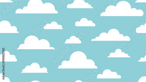 Delightful seamless pattern of fluffy white clouds drifting across a bright blue sky for playful and light background designs.