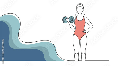 Athletic woman in a red bodysuit lifting a dumbbell against a backdrop of dynamic blue abstract wavy lines on white.