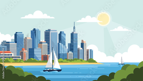 Stunning city harbor landscape featuring modern skyscrapers, a sandy beach, and white sailboats on blue water under a bright sun.