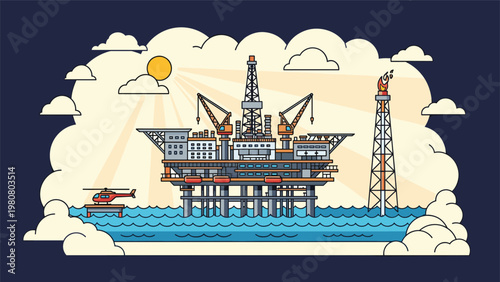 Offshore oil rig platform situated in the middle of the ocean with a helicopter on a pad and a gas flare tower against a cloudy sunset sky.