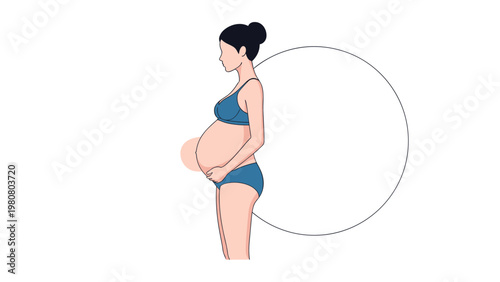 Illustration of a woman in profile showing different stages of pregnancy within a circular frame on a clean white background.
