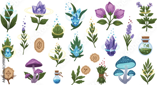 Magical Herbal and Crystal Vector Set Featuring Enchanted Plants, Crystals, Mushrooms, and Potion Bottles for Digital Media, Websites, and Apps