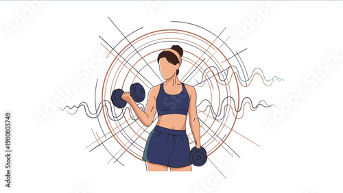 Fit woman in athletic wear lifting dumbbells with an abstract background of concentric circles and wavy lines symbolizing energy and sound.