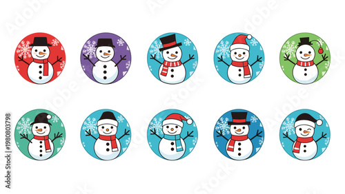 Set of ten various cute snowman characters wearing different hats and scarves displayed in colorful circular frames for winter and holiday themes.