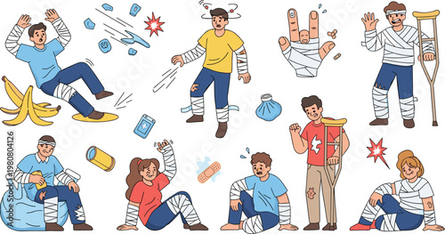 Injury and First Aid Vector Set Featuring Characters with Bandages, Bruises, and Crutches in Comical and Casual Situations for Digital Media, Websites, and Apps