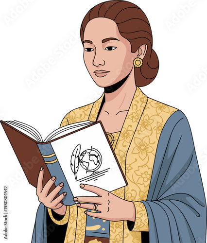 Kartini, a young Indonesian woman in traditional attire, reads a book with a globe illustration. She embodies knowledge and power.  A stylish and educational image.