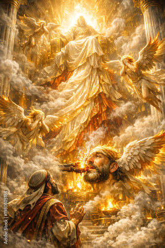 : Throne high, robe filling space, smoke swirling, seraphim in flight