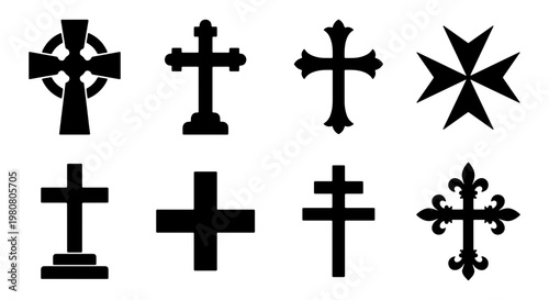 Religious Christian cross icons set, black silhouette crucifix symbols, 8 vector elements including Celtic and Maltese crosses for church design