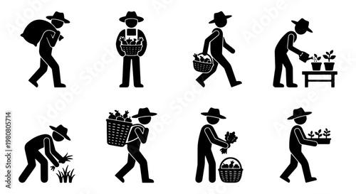 Farmer stick figure icons set, 8 agriculture worker silhouettes, gardening and harvesting people symbols, black vector pictograms for farming