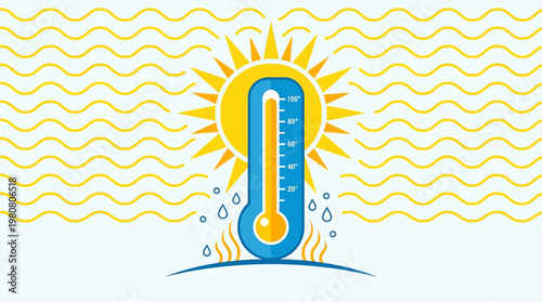 An illustrative flat design icon representing the peak of a summer heatwave, with a thermometer at its maximum and stylized sun rays. 