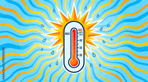 An illustrative flat design icon representing the peak of a summer heatwave, with a thermometer at its maximum and stylized sun rays. 
