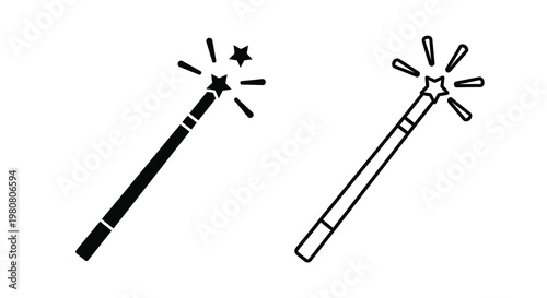 Two black and white illustrations depicting magic wands with sparkling star tips