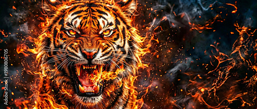 Roaring Tiger with Blue Flames and Copy Space Background