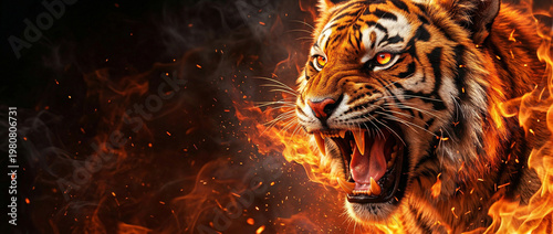 Roaring Tiger with Blue Flames and Copy Space Background