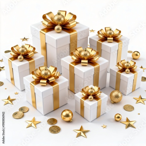 Luxury white gift boxes with golden ribbons and ornaments
