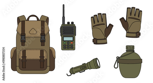 Tactical Military Camping Gear and Survival Equipment Icons Vector Set