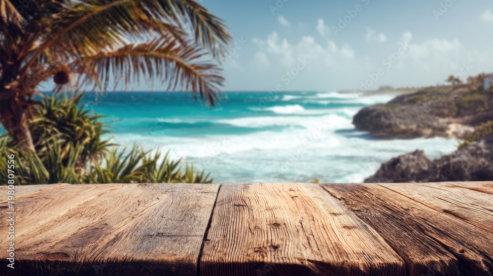 Fototapeta premium Wooden table with ocean and palm trees backdrop