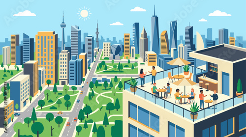 This flat design illustration captures the essence of peak summer urban life, showcasing a vibrant city skyline and people enjoying a rooftop terrace. The clean, modern vector portrays city leisure