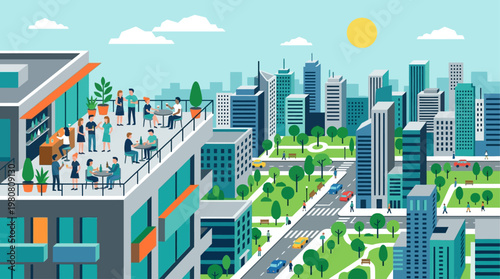 This flat design illustration captures the essence of peak summer urban life, showcasing a vibrant city skyline and people enjoying a rooftop terrace. The clean, modern vector portrays city leisure