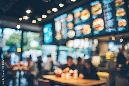 Blurred view inside a bustling restaurant with customers and bright digital menu boards