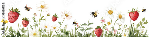 Watercolor strawberry bee flower blossom field grass leaf spring summer nature illustration with watercolor strawberry, bee, flower, blossom, field, grass and leaf bright spring summer meadow scene